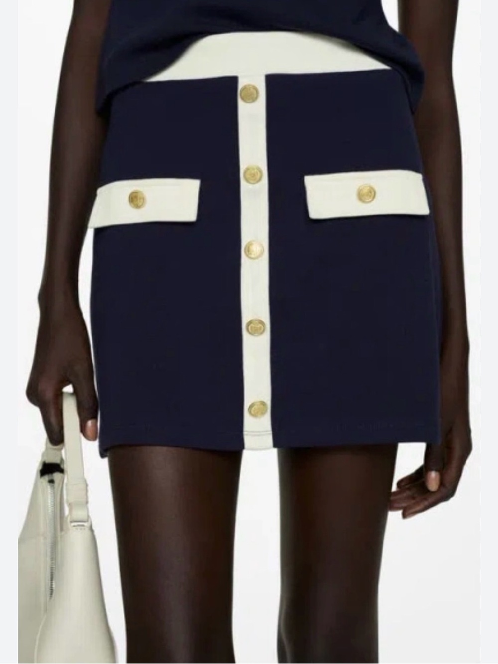 Mango Navy and Cream Mini Skirt with Gold Buttons